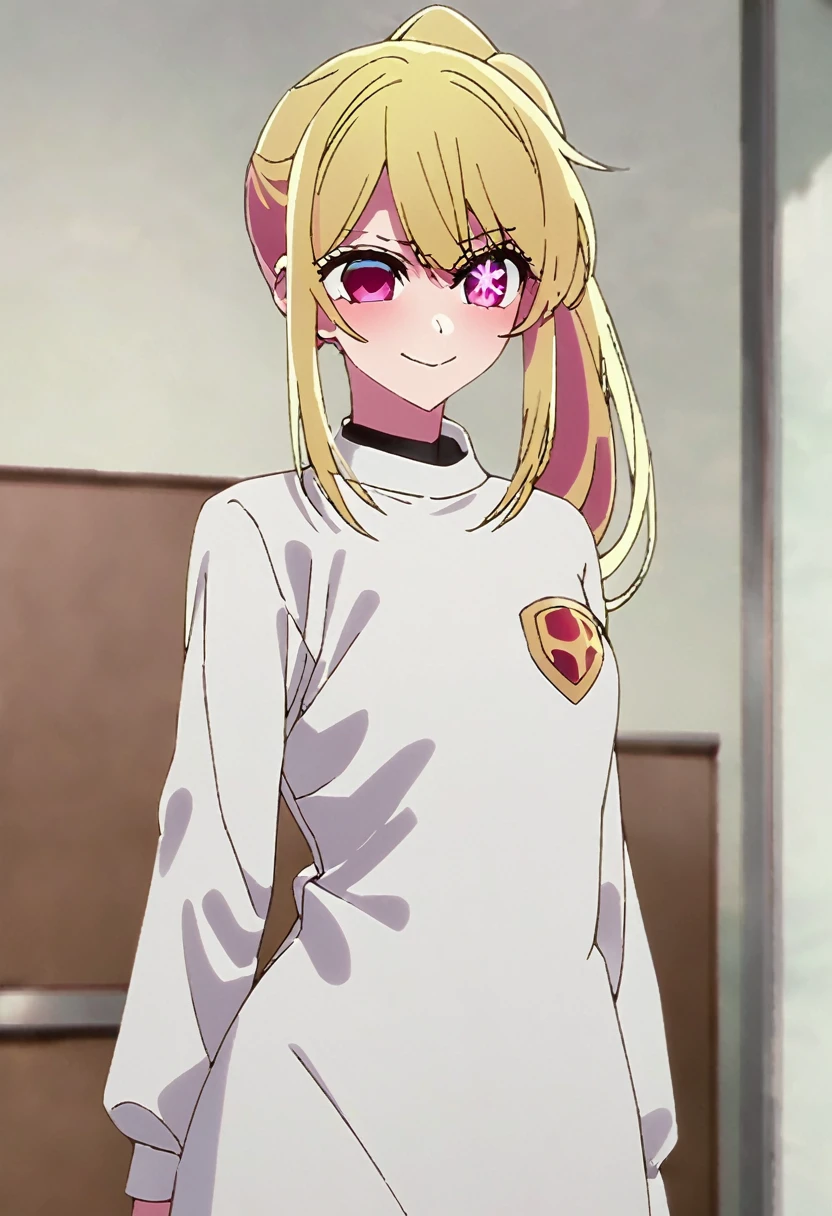 Blonde、Highest quality、high resolution、8K,Highest quality、Star-shaped pupil、The best smile、long hair、Pink Eyes、ponytail、Cowboy Shot、One person、Brave Cosplay