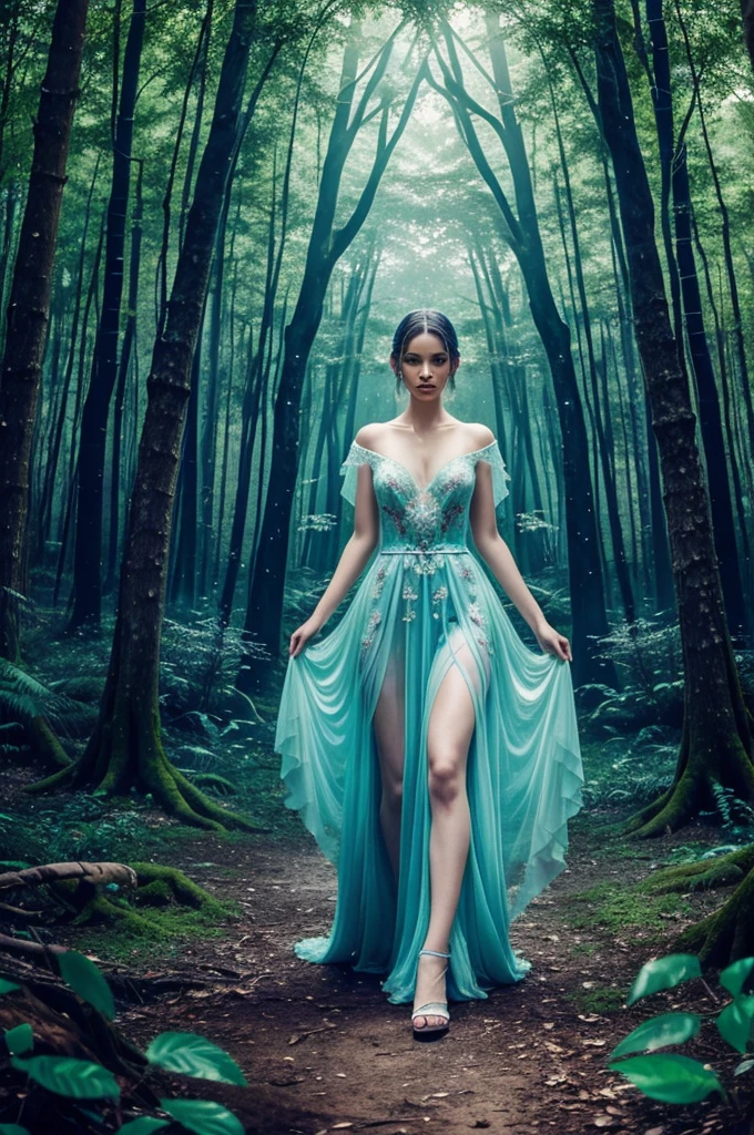 Create an ethereal image of a woman standing in a mystical forest. Her dress is made entirely of vibrant, glowing butterflies that flutter slightly, illuminating the surroundings with a soft, magical light. The forest is filled with ancient, twisted trees and luminescent plants. In the background, faint, ghostly figures of mythical creatures can be seen, adding to the surreal and enchanting atmosphere."