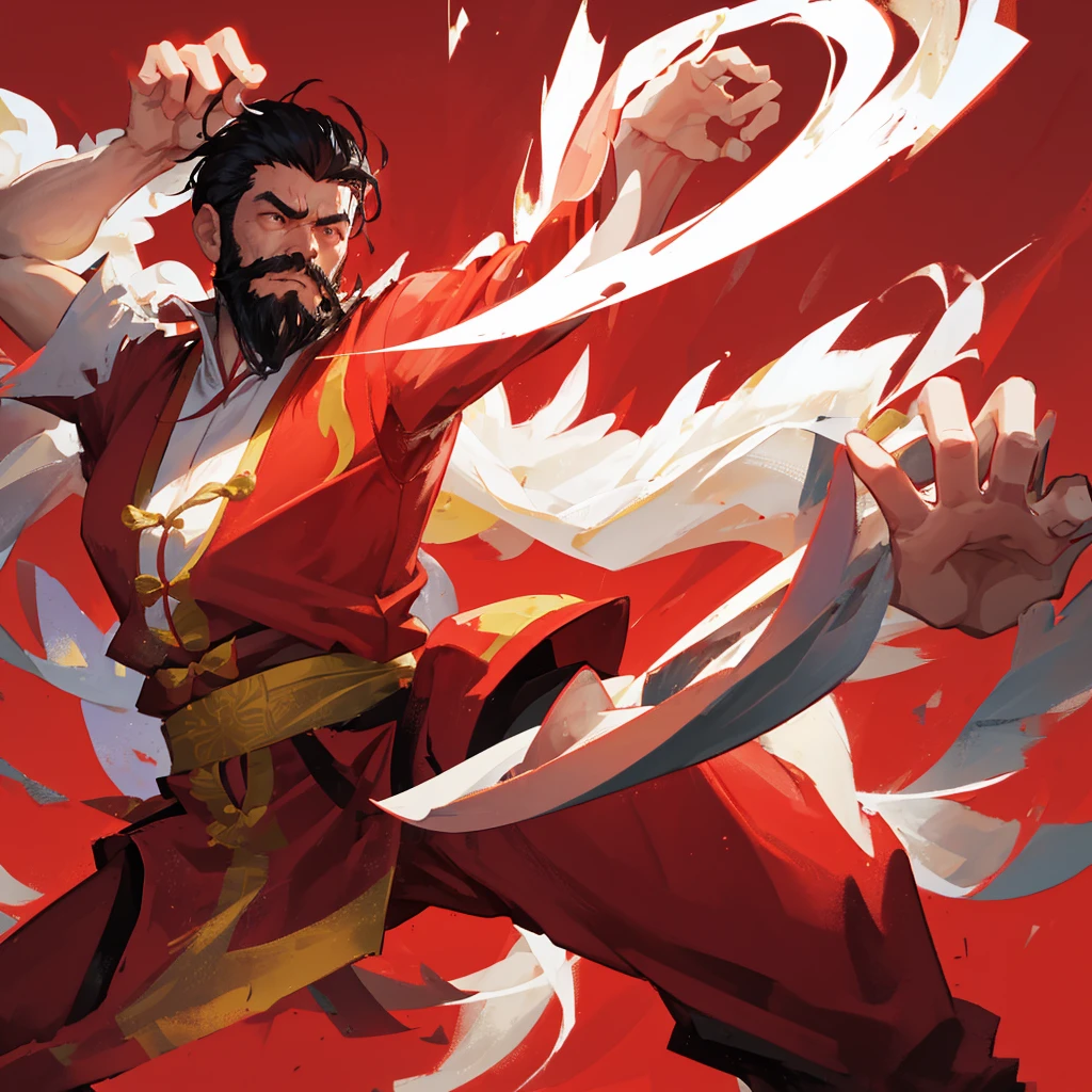 A Chinese Kung Fu Master,male,Beard,((Pure red background))