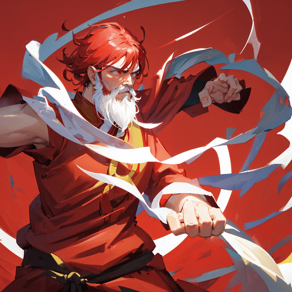 A Chinese Kung Fu Master,male,Beard,((Pure red background))