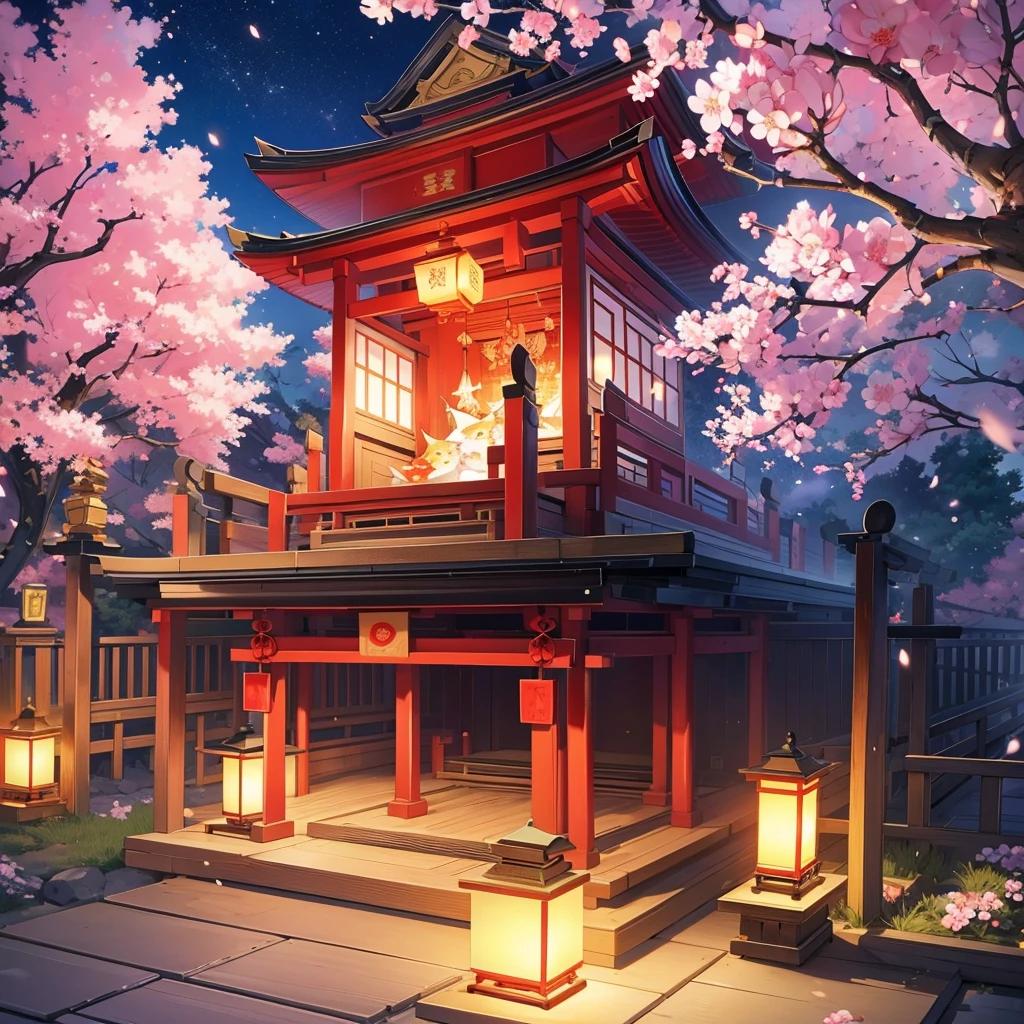 lantern festival, kitsune people releasing lanterns into the sky, shrine, there all happy, cherry blossom trees, female kitsune, lanterns in sky