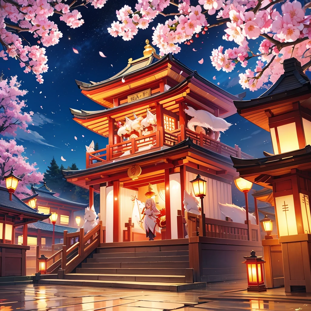 lantern festival, kitsune people releasing lanterns into the sky, shrine, there all happy, cherry blossom trees, female kitsune, lanterns in sky