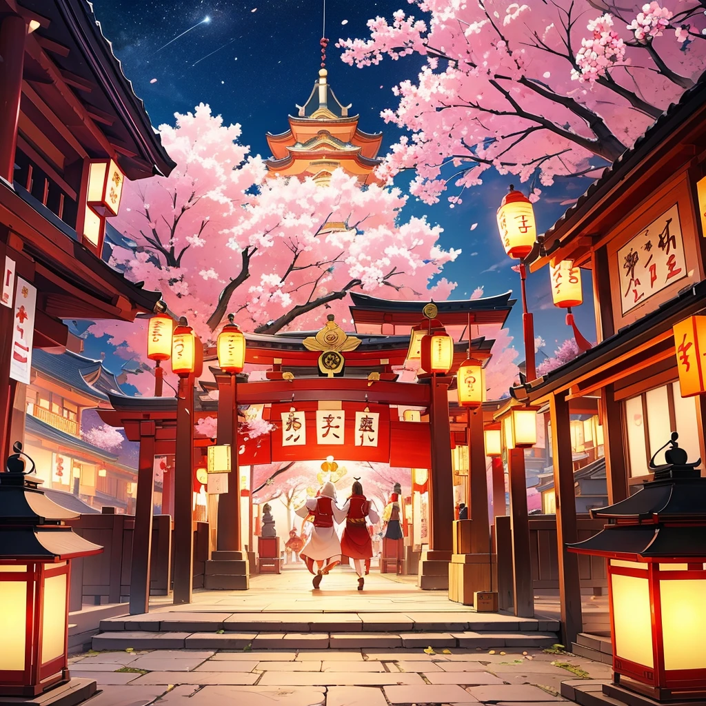 lantern festival, kitsune people releasing lanterns into the sky, shrine, there all happy, cherry blossom trees, female kitsune, lanterns in sky