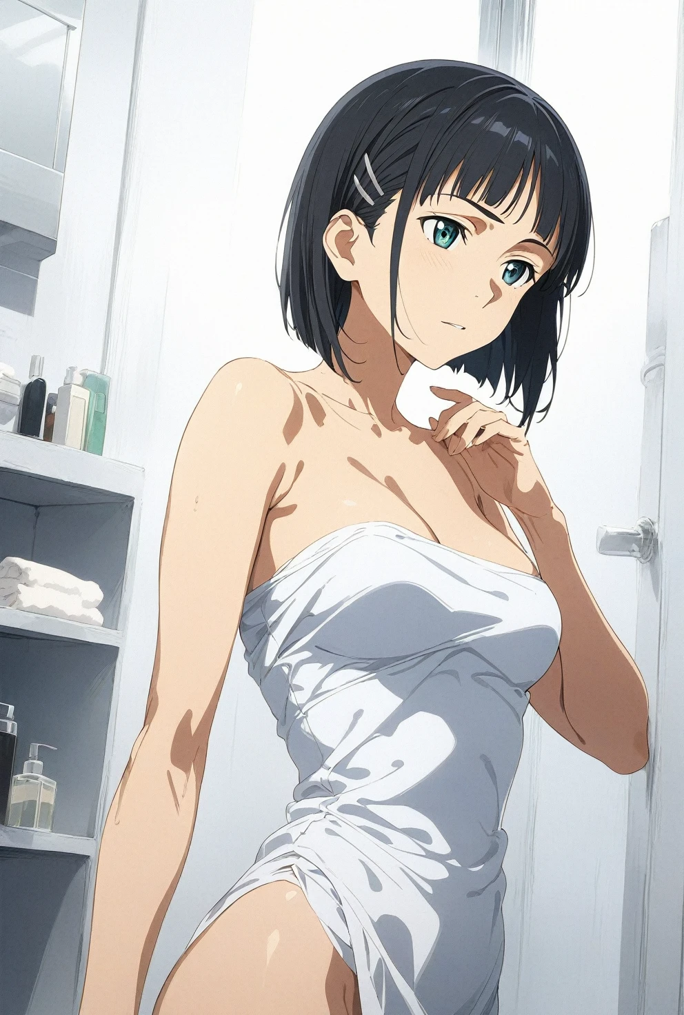 (masterpiece), (best quality), (ultra-detailed), very aesthetic, illustration, perfect composition, intricate details, absurdres, detailed face, (intricate),1girl, (kirigaya suguha, sword art online, green eyes, black hair, medium breasts), (realistic face:0.2), (narrowed eyes), (glowing eyes:1.2), bathtowel, glare, bathroom, perfect face, 4k, extremely detailed anime illustration,, enhanced details,cowboy shot,perfect anatomy,smooth skin, (gray background), cristal clear eyes, beautiful face,(anime style:1.5), (highres),
