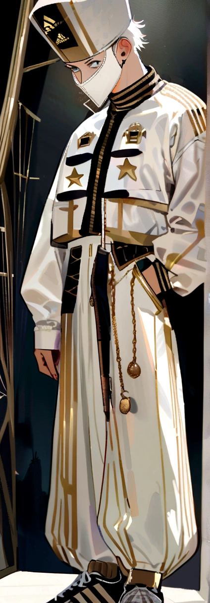 masculine, best qualityer, Lean, work of art,White hair, White colored eyes,white and gold adidas outfit and white mask, white and gold captain'Hat