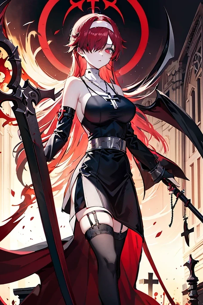 avenger,large breast,The chest area is exposed,Eye color is scarlet,garter,big Scythe,Catholic nun,Cross Necklace,hair over one eye,Knee socks,Hair color is golden,Devilish,Church Background, high Quality,best quality,Uninhabited