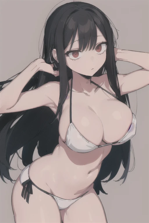 (Highly detailed CG Unity 8k wallpaper), (masterpiece), (Highest quality), (Super detailed), (Best illustrations), (Best Shadow), (Absurd), One girl, alone, Chigahara, One girl, alone, Black Hair, Long Hair, View your viewers, Are standing、Red eyes,Huge breasts:2.0,White Bikini