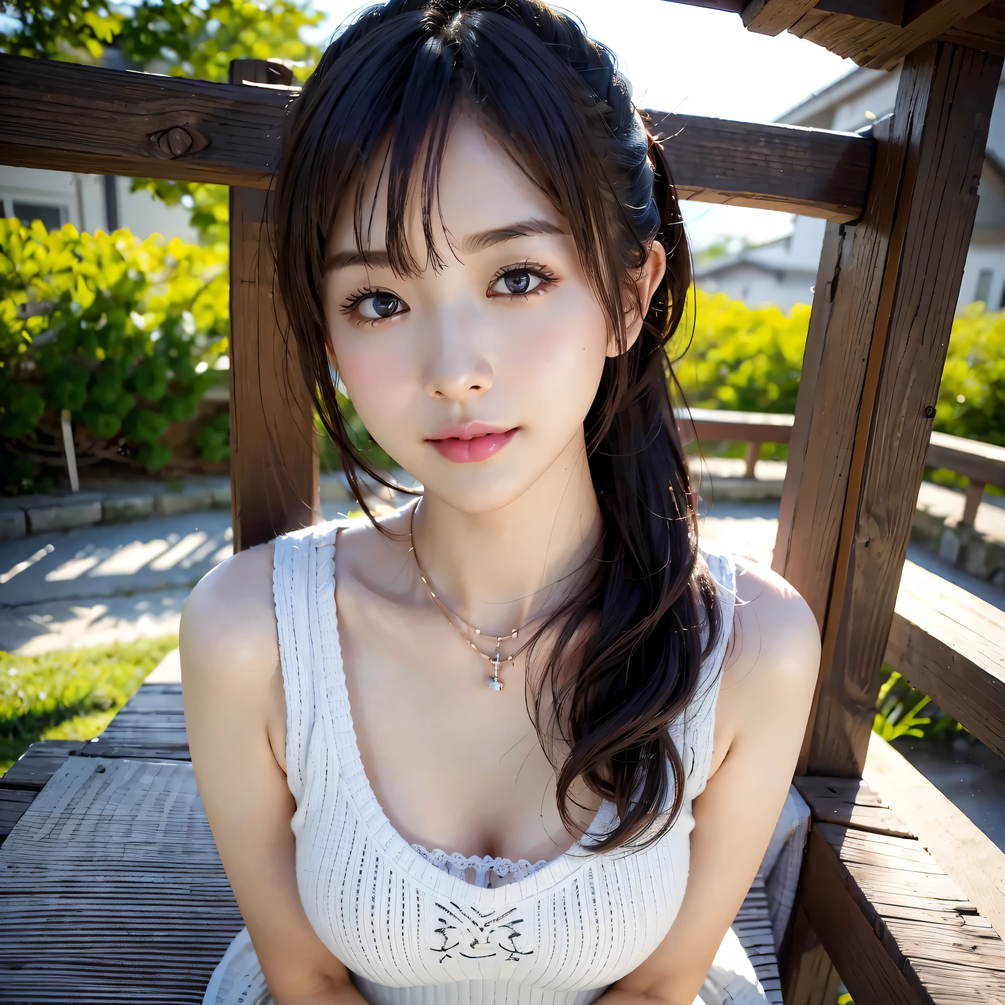 masutepiece, Best Quality, Photorealsitic, finely detail, hight resolution, 8K Wallpapers, Perfect dynamic composition, Beautiful detailed eyes, large full breasts, Random and sexy poses,Bring your chest together、(Very Small Size Mock Neck Crop Tank Top White Knitwear)、(Breast bulge 1.2)、A smile、open open mouth、Resort scenery、20years old、(Drooping eyes 1.4)、Adult beauty、japanese