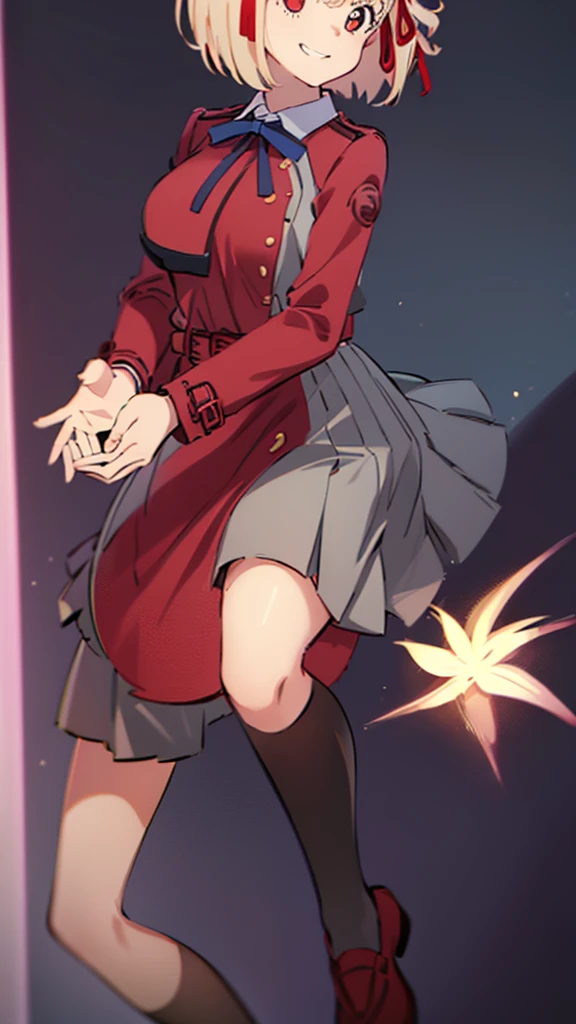 chisato, 1girl, solo, short hair, hair ribbon, breasts, neck ribbon, collared shirt, lycoris uniform, two-tone dress, red dress, grey dress, long sleeves, red belt, face of happiness, smile mouth, full body,(((1girl))),(((Solo))),(((1 person))).