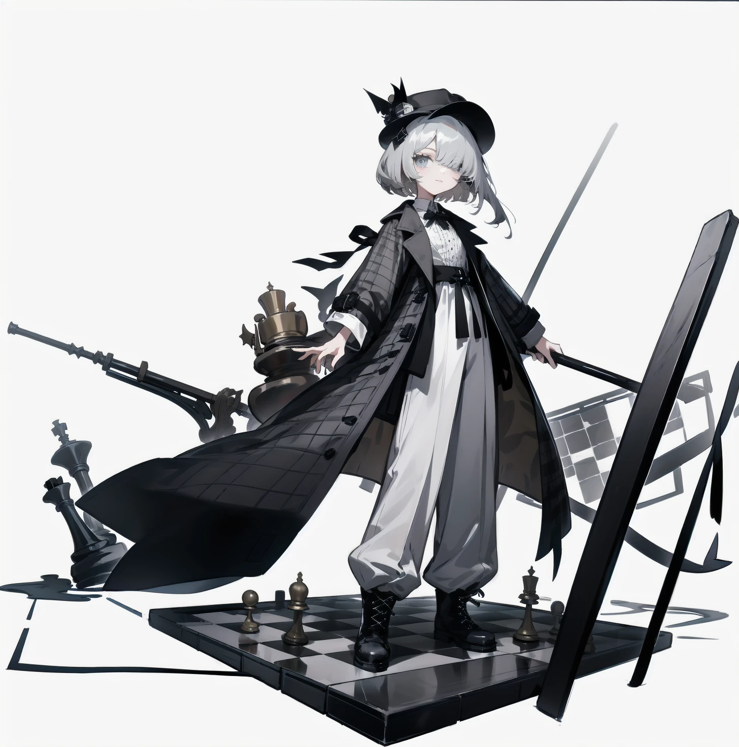 [(White background:1.15), ::2]solitary, Medium shot, whole body，High saturation girl，（Gray short hair），[White background 1::5]，Bangs cover one eye，（Standing on a giant chess board），The floor is covered with black and white diamond-shaped tiles，（（（White background1::5））），（（（beautiful eyes））），（（Facial depiction）），（（Delicate face）），hat，Grey plaid open flowing trench coat，White shirt，Long wide-leg pants，boots，cane，child