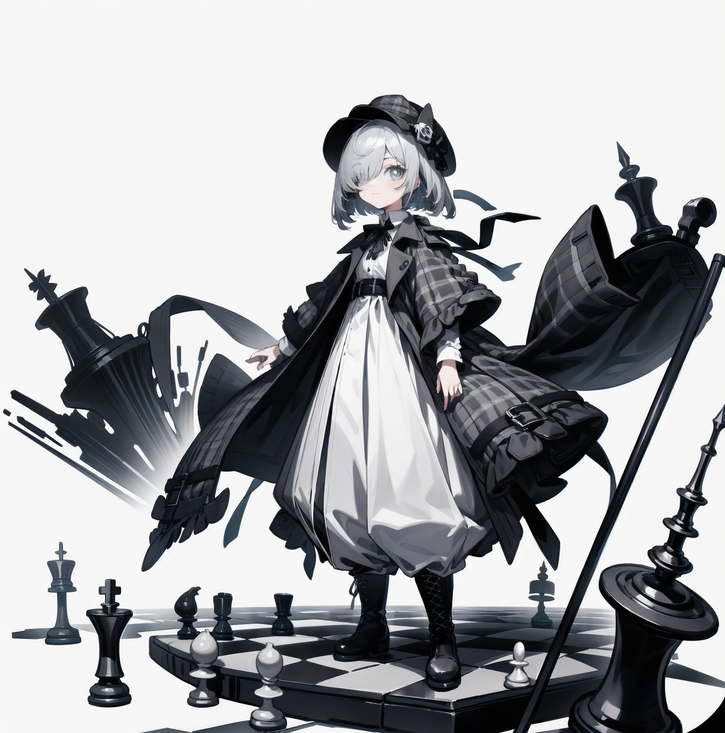 [(White background:1.15), ::2]solitary, Medium shot, whole body，High saturation girl，（Gray short hair），[White background 1::5]，Bangs cover one eye，（Standing on a giant chess board），The floor is covered with black and white diamond-shaped tiles，（（（White background1::5））），（（（beautiful eyes））），（（Facial depiction）），（（Delicate face）），hat，Grey plaid open flowing trench coat，White shirt，Long wide-leg pants，boots，cane，child