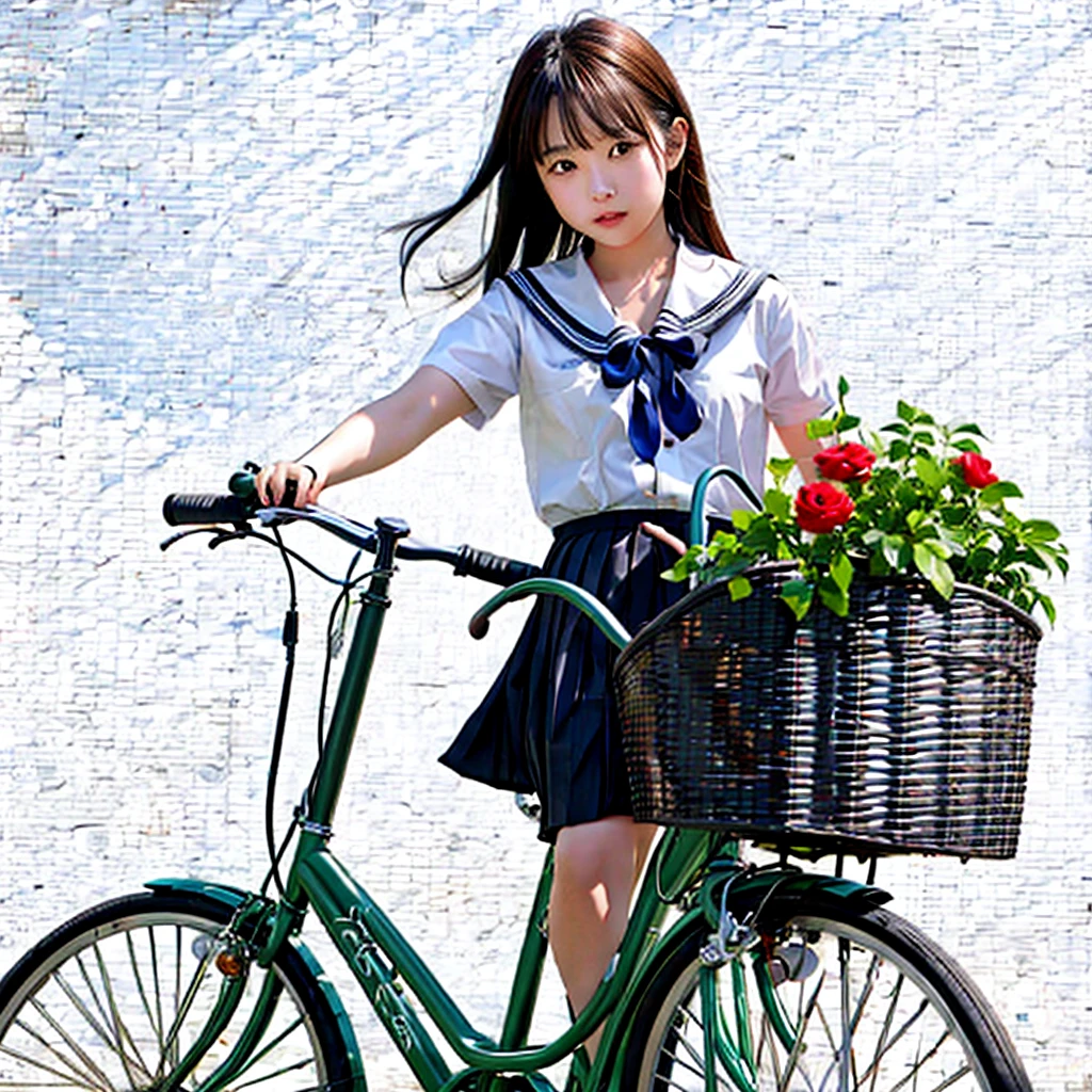 (masterpiece, Highest quality:1.2), One girl, ride a bicycle, alone