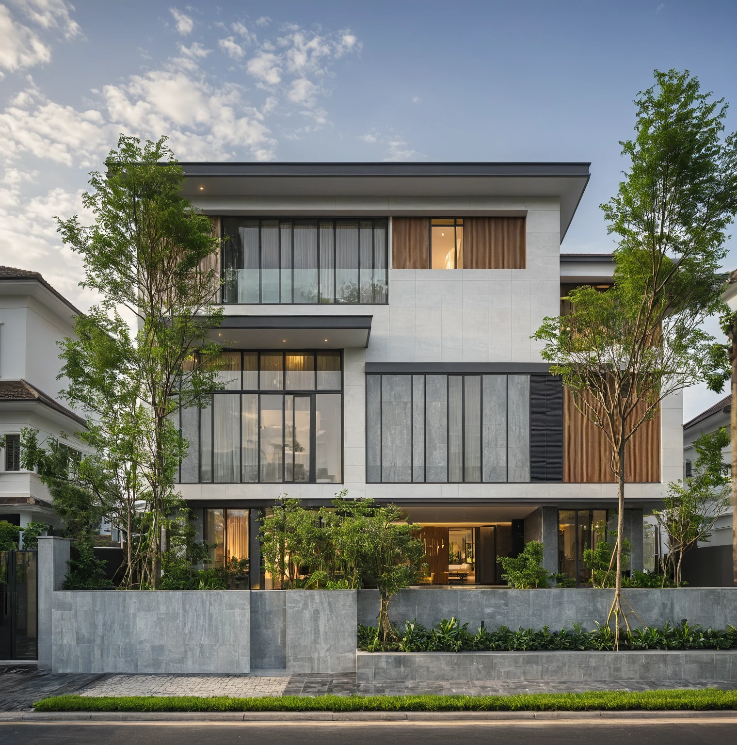 modern villa on street, (overcast lighting:1.2), tropical tree, vivid color, streetcapes, nice sky, grey and wwhite tone, (large glass door:1.2), warm interior lighting, modern material, best quality, ultra realistic, masterpiece, 17ArchiAI_XL_VL-v1