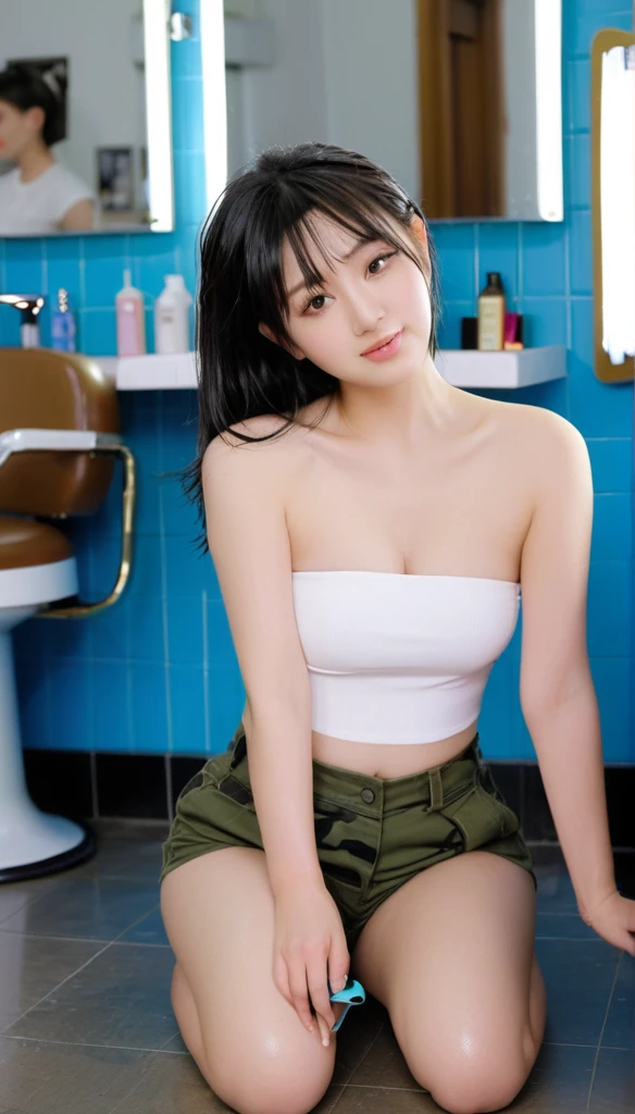 close-up of beautiful Chinese, Ningning is a AESPA South Korean pop girl group, age 22 years old girl, youthful face, perfect body, white body skin, long hair, black hair, straight hair, flat bangs cut, 36 inches breasts size, wearing a plain light white strapless tube top, wearing a tight camouflage short pants, Ningning holding breasts with her own two hands is very sexy and sigh, Ningning squeezes the breasts very seductively, Ningning lowered her strapless tube top a little bit, Ningning sits on the military barbershop, Ningning pees in the military barbershop with a sigh and seductive, Ningning pees, Ningning peed herself until she was wet, ((peeing self)), ((wet pee)), I held my hair delicately, then I held the scissors in my right hand, then cut my hair using the scissor tool while sighing and sexy, strand after strand of Ningning’s hair fell, pieces of Ningning’s hair now filled the floor around where she was sitting, strand after strand of Ningning’s hair fell down, pieces of Ningning’s hair now filled the floor around where she was sitting, ((Ningning cuts her own hair using a scissor)), ((Ningning looks sighing and teasing while cutting her own hair using a scissor)), ((the remaining hair pieces were scattered on the military barbershop)), ((strand by strand of Ningning's hair fell to the floor)), ((the remaining hair pieces fell under the floor), sexy looking pose, pose a naughty look, pose looks seductive, at the military barbershop, military barbershop background, UHD