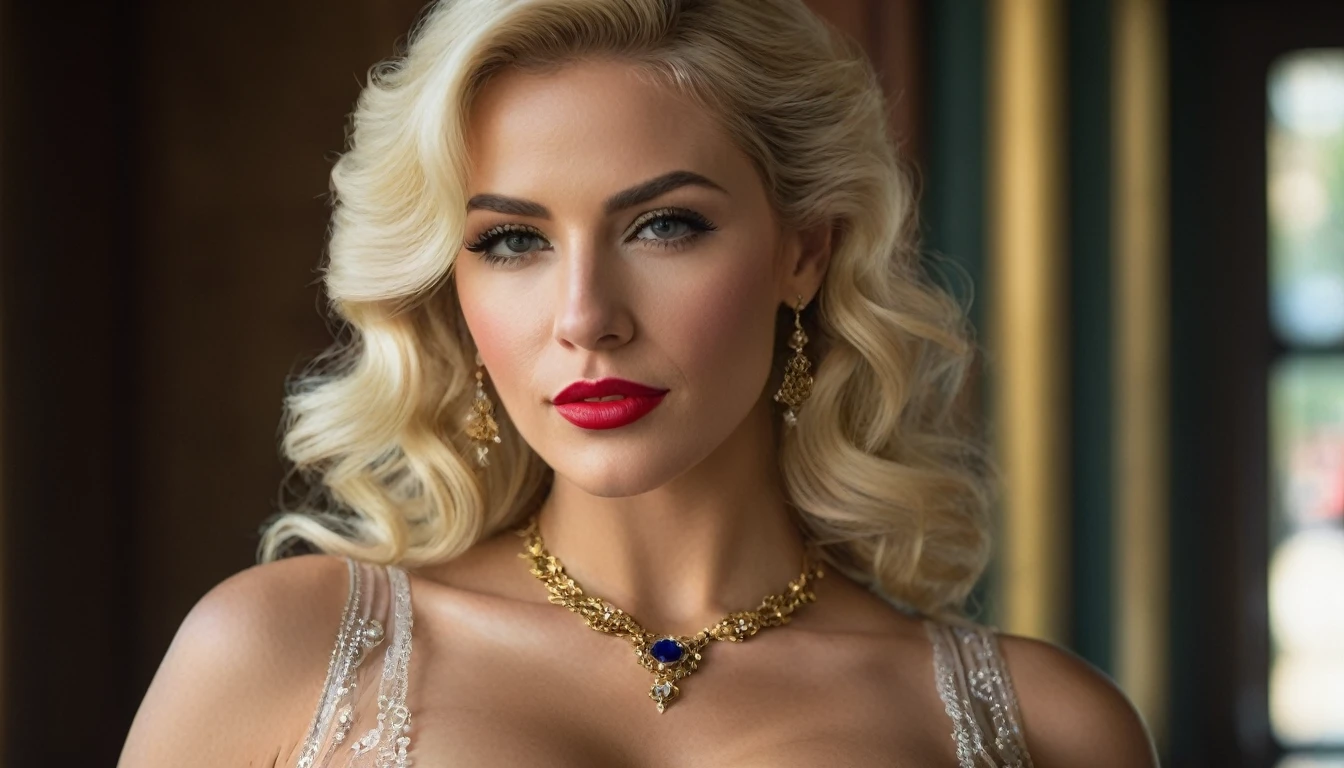 create an image demonstrating the style of ((Historical Americana)) style, hyper realism, 8k high definition, vibrant colors, sharp focus, insanely detailed, Highly detailed shot of one big breasted white attractive slim college aged blonde woman with a beautiful face in a seethrough dress with cleavage