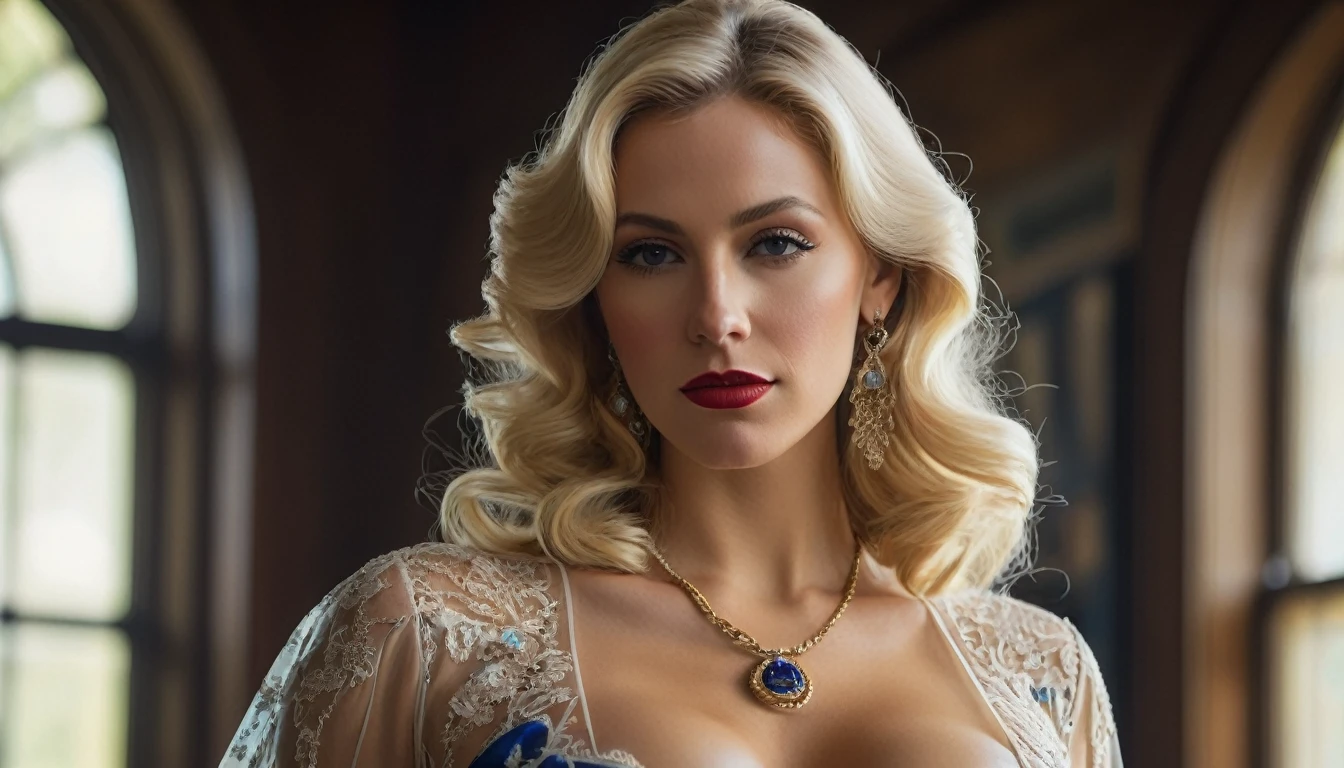 create an image demonstrating the style of ((Historical Americana)) style, hyper realism, 8k high definition, vibrant colors, sharp focus, insanely detailed, Highly detailed shot of one big breasted white attractive slim college aged blonde woman with a beautiful face in a seethrough dress with cleavage