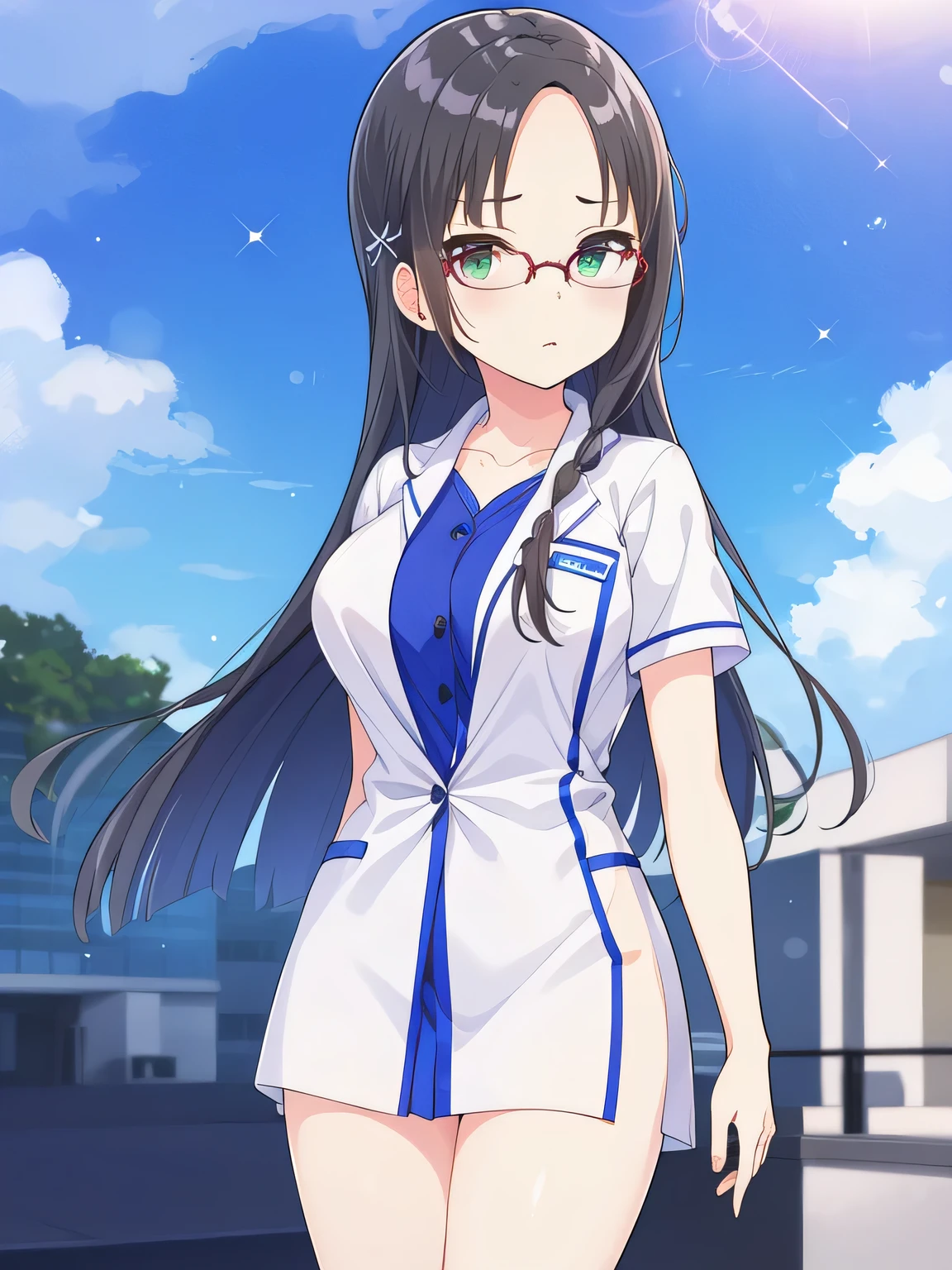  shot from the ground holding a board with both hands　front　 standing　 lower angle 　　１ girls　 Nurse　Angel in White　 cute nurse clothes 　cute white coat 　Woman holding a board with both hands 　Glasses　 skirt　 gentle smile　 Angelic Smile　Tachibana Arisu 　Million Live　 hospital bed 　 top quality ,   Masterpiece ,  super high res,　  beautiful legs　Beautiful upper body
　Beautiful lower body　　
Two perfect legs　 perfect five fingers beautiful eyes detailed eyes detailed face young face