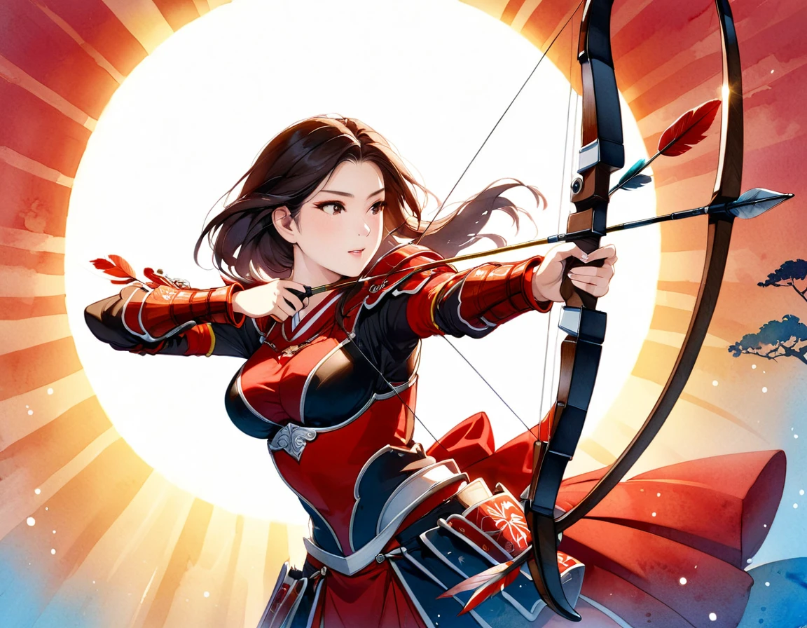 a Japanese watercolor illustration (using Black, white and red colors only) of a exquisite beautiful female archer, (silhouette artwork: 1.3), aiming a bow, holding the (composite masterwork bow: 1.3)  perfectly, ready for action as the sun rises, fantasy art, ), sun rising behind the archer, ready to act,  ultra feminine, with a long curvy hair, wearing knights armor, intricate clothes, , sting drawn to the cheek , arrow ready to be shot, (tip of the arrow glimmers in the sun: 1.3), sunrays, divine rays, high details, best quality, 16k, [ultra detailed], masterpiece, best quality, (extremely detailed), dynamic angle, Aiming a Bow, bow (weapon), ral-wtrclr