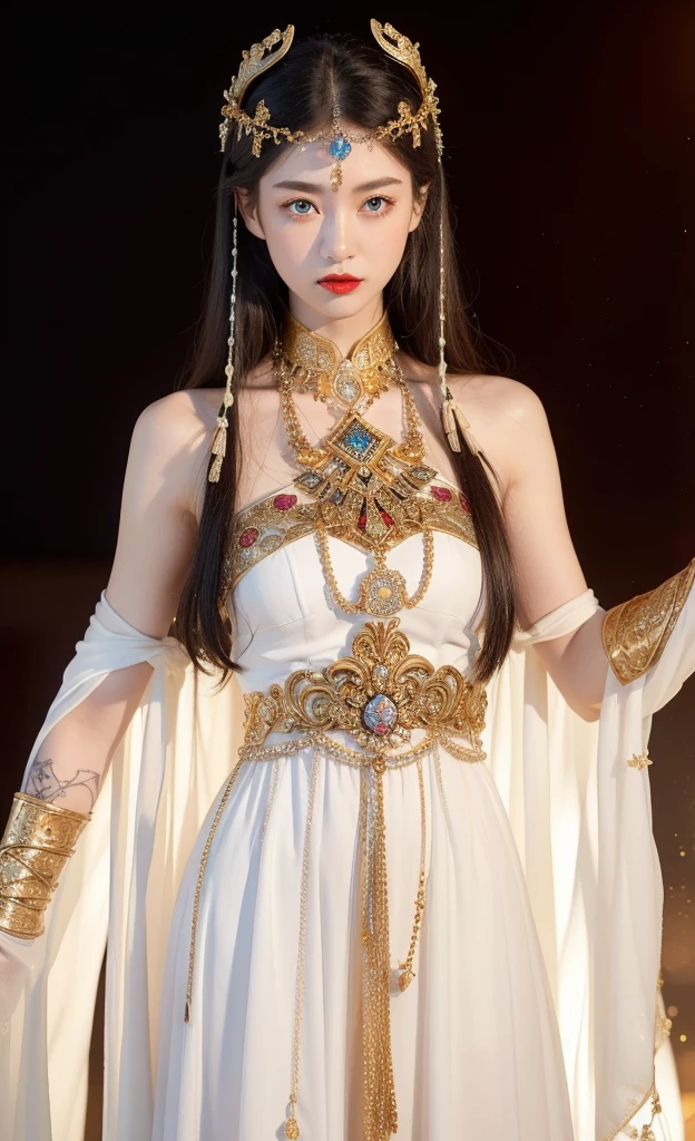 Realistic style,8K picture quality,Very detailed, Delicate face, Realistic style的照片, Stock Photography , rich and colorful, Surreal, Realistic textures, Dramatic Lighting, Distiller 800 (8K, original photo, Better quality, masterpiece: 1.2), Very detailed, (Extremely delicate skin: 1.2), 8K Ultra HD, SLR camera, Soft Light, high quality, 冰冻Queen, Queen, snow castle,Blue pupils,Apply red lipstick,Very delicate tattoo design,Gold Jewelry,Gold bracers