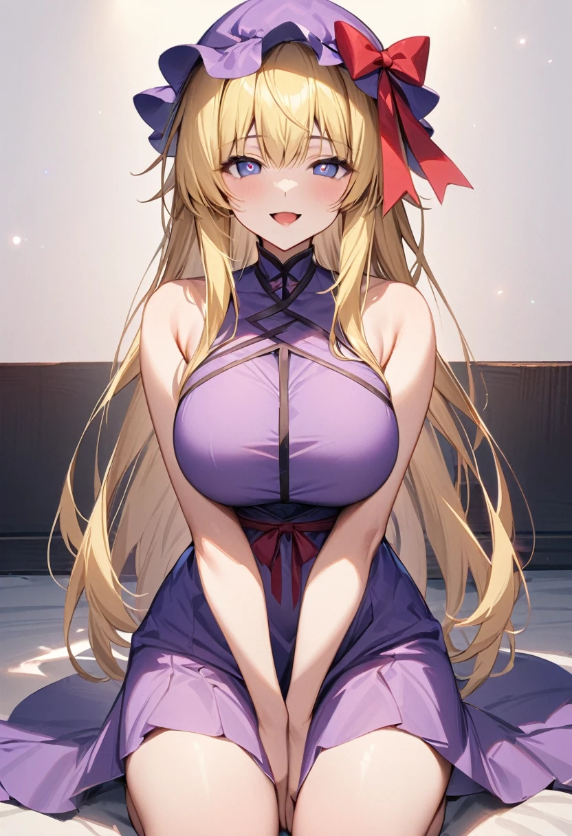 masterpiece, best quality, artist:puuna 1girl, solo, yakumo yukari, mob cap, blonde hair, (solid pupils), ribbon, red bow, purple dress, bare shoulders, v arms, large breasts, kneeling, looking at viewer, smile, open mouth, empty look