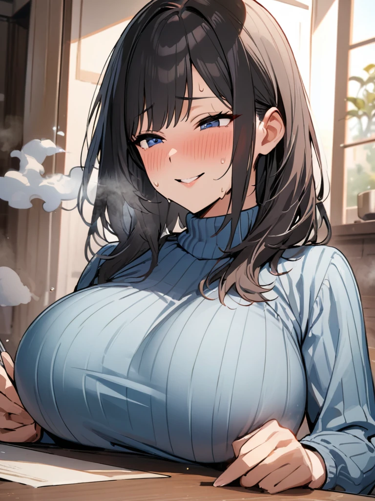 /(Modern house interior/), Only one woman, Mature Woman, /(blue ribbed Sweater/), bangs, A gentle, blushing smile, (Masterpiece Top quality:1.2) Delicate illustrations, Very detailed, Large Breasts、Very good、((Sweat,vapor,Vulgarity))、Tight sweater、