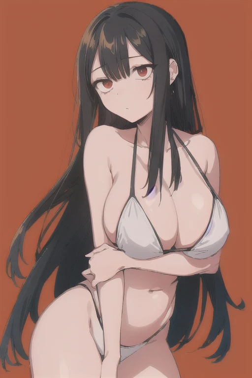 (Highly detailed CG Unity 8k wallpaper), (masterpiece), (Highest quality), (Super detailed), (Best illustrations), (Best Shadow), (Absurd), One girl, alone, Chigahara, One girl, alone, Black Hair, Long Hair, View your viewers, Are standing、Red eyes,Huge breasts:2.0,White Bikini