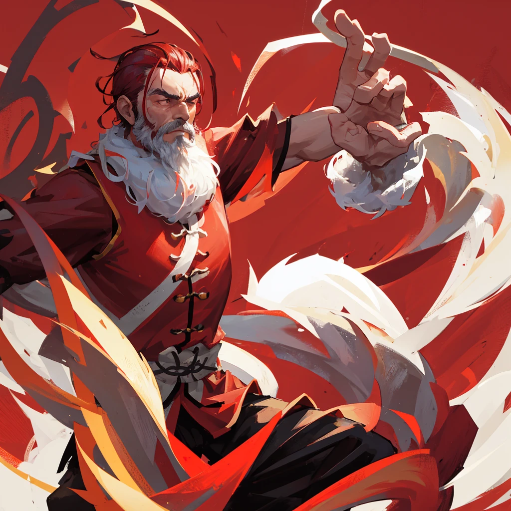 A Chinese Kung Fu Master，male，Beard，((Pure red background))