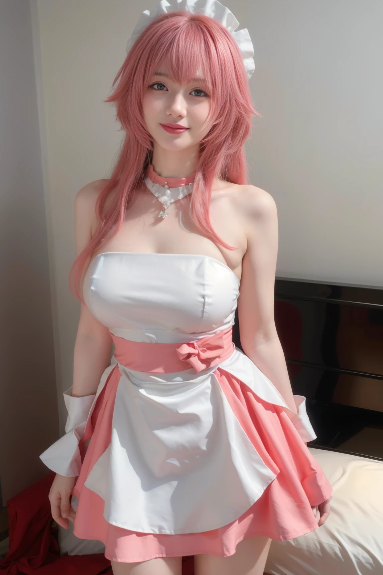 ((Best Quality, 8K, Masterpiece: 1.3)), ferpect lighting, Glowing skin, 1girl, Slim Belly Beauty: 1.3,(medium Breasts: 1.2), Dress: 1.1, Super Delicate Face, Delicate Eyes, Double Eyelids, Smile, Home, long hair, pink hair, jewelry, Earring, Bangs, (maid dress:1.5), Bare shoulders, standing, upper body, smile,