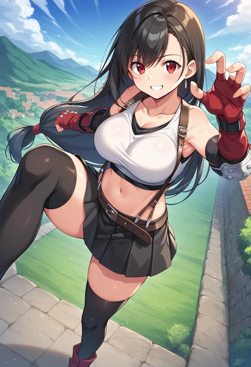 ,2020s_(style),,core_9, score_8_up, score_7_up,score_6, score_5,rating_safe BREAK , (from above),front view,Dutch angle,(foot focus),standing,fighting pose,((leg up,kick)),(medium shot),looking_at_viewer ,1girl, tifa lockhart, final fantasy, tareme,black hair, low-tied long hair, red eyes, bangs, (white tank top, belt, pleated skirt, thighhighs, elbow fingerless gloves, elbow pads, midriff, navel,suspender skirt) ,large_breasts,(light smile),,,Solo,,(daytime and outdoor and mountain),hyper detailed,beautiful,great lighting, perfect hands, detailed shadows,anime artwork, anime style, key visual, vibrant, studio anime,
highly detailed,anime coloring, masterpiece, best quality,best aestethic, absurdres,,professional lighting,cinematic lighting,