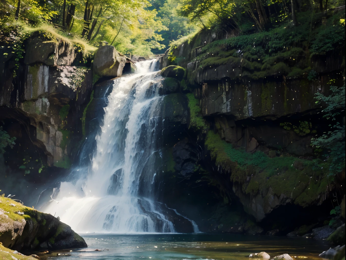 a beautiful waterfall flowing down a lush, green mountain landscape, 1girl standing in awe admiring the stunning scenery, beautiful detailed eyes, beautiful detailed lips, extremely detailed face, long eyelashes, serene expression, long flowing hair, elegant dress, sunlight glittering on the cascading water, dramatic rocky cliffs, dense forests, (best quality,4k,8k,highres,masterpiece:1.2),ultra-detailed,(realistic,photorealistic,photo-realistic:1.37),landscape,vibrant colors,natural lighting