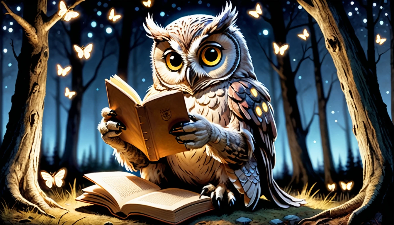 (photographic film style), anthropomorphic owl, reading a book, under a tree, quiet forest, night, glowing fireflies, 2D, colorful, warm atmosphere, glossy, Jean-Baptiste Monge style, Alan Lee style