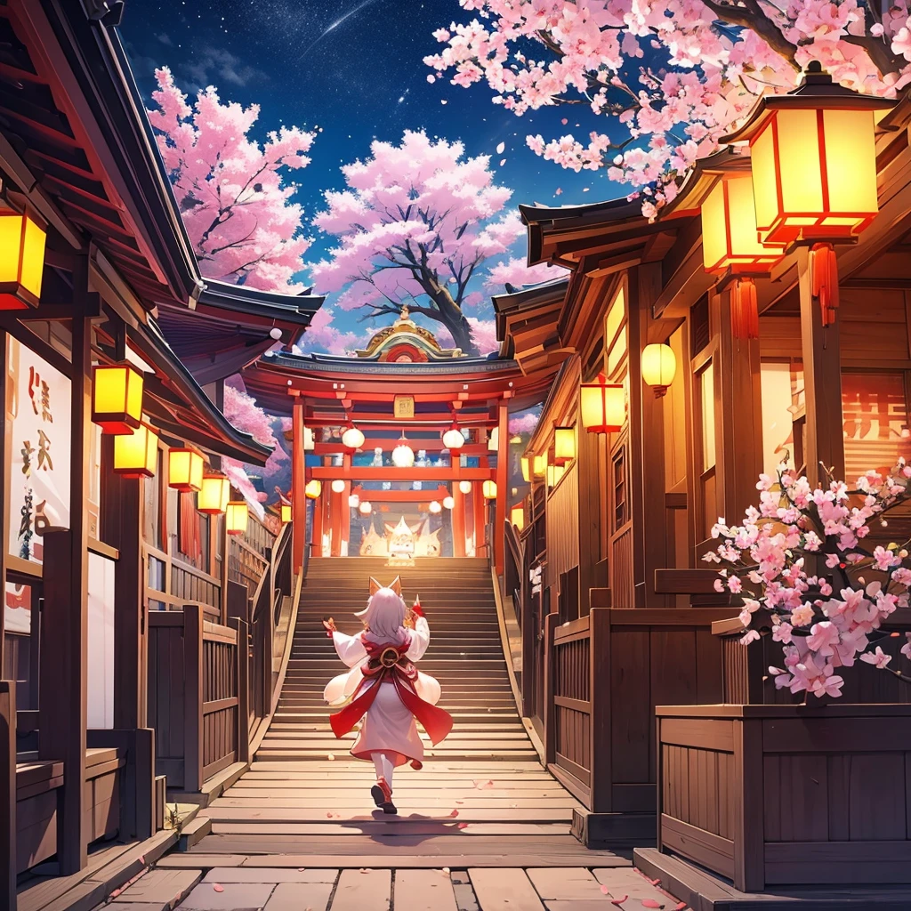 lantern festival, kitsune people releasing lanterns into the sky, shrine, there all happy, cherry blossom trees, female kitsune, lanterns in sky