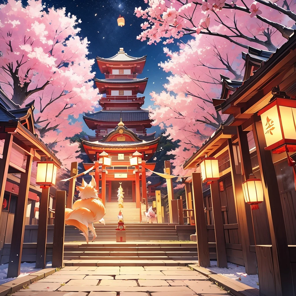 lantern festival, kitsune people releasing lanterns into the sky, shrine, there all happy, cherry blossom trees, female kitsune, lanterns in sky