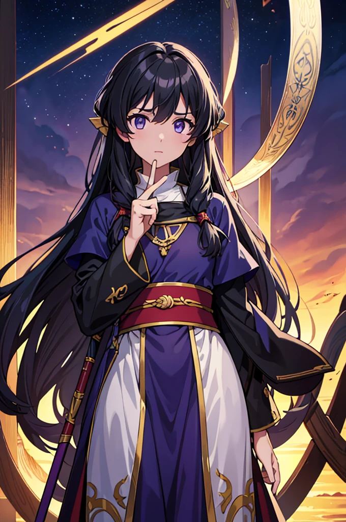 Highest quality, masterpiece, High resolution, alone, （Fire Emblem Ayla），（Genealogy of the Holy War），Evening sky_background，Young Girl，（black_Hair Color）, 4K, masterpiece,， alone, 1,whole body，looking at the camera, Fumaru，（purple_coat）Sharp Eyes，（Long Spear）（Full Finger）, （Accurate fingertips）, （The finer details）, （Anatomically correct）, (映画のbackground), Hyper Detail, (Subtle details), (Intricate details)