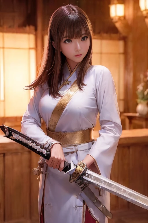 (Holding (Long sword:1.3)), (The blade glitters), (Holding 日本語 sword sheath) 、(Stance of swordsmanship)、(1 girl)、Bob Hair、Brown Hair、Medium breast、Chinese clothing:1.3、Temple precincts、(masterpiece:1.2、Raw photo quality、Highest quality)、Beautiful face、Anatomically correct limbs、Anatomically correct body、