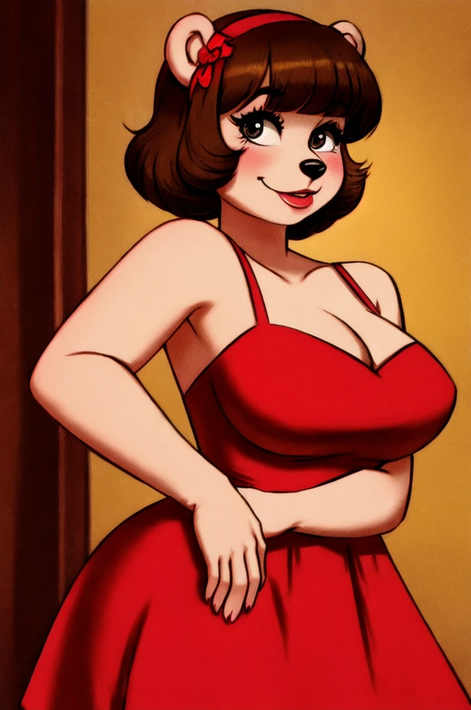 fashionable 60s young lady bear, red_dress, girlfriend, wife, cute pose