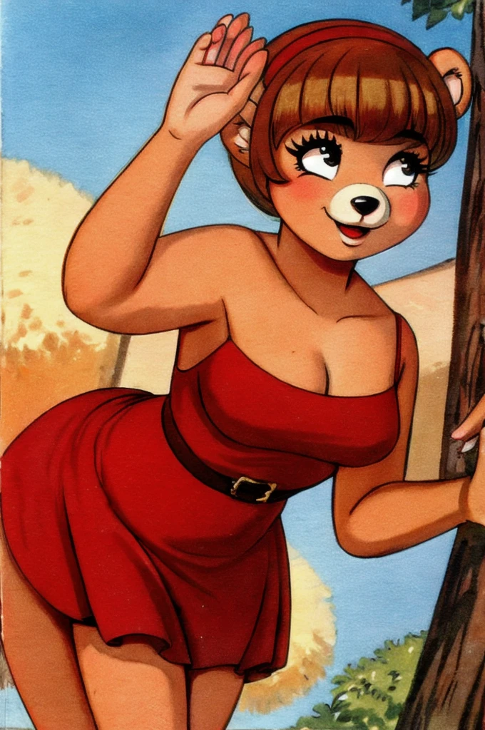 fashionable 60s young lady bear, red_dress, girlfriend, wife, cute pose