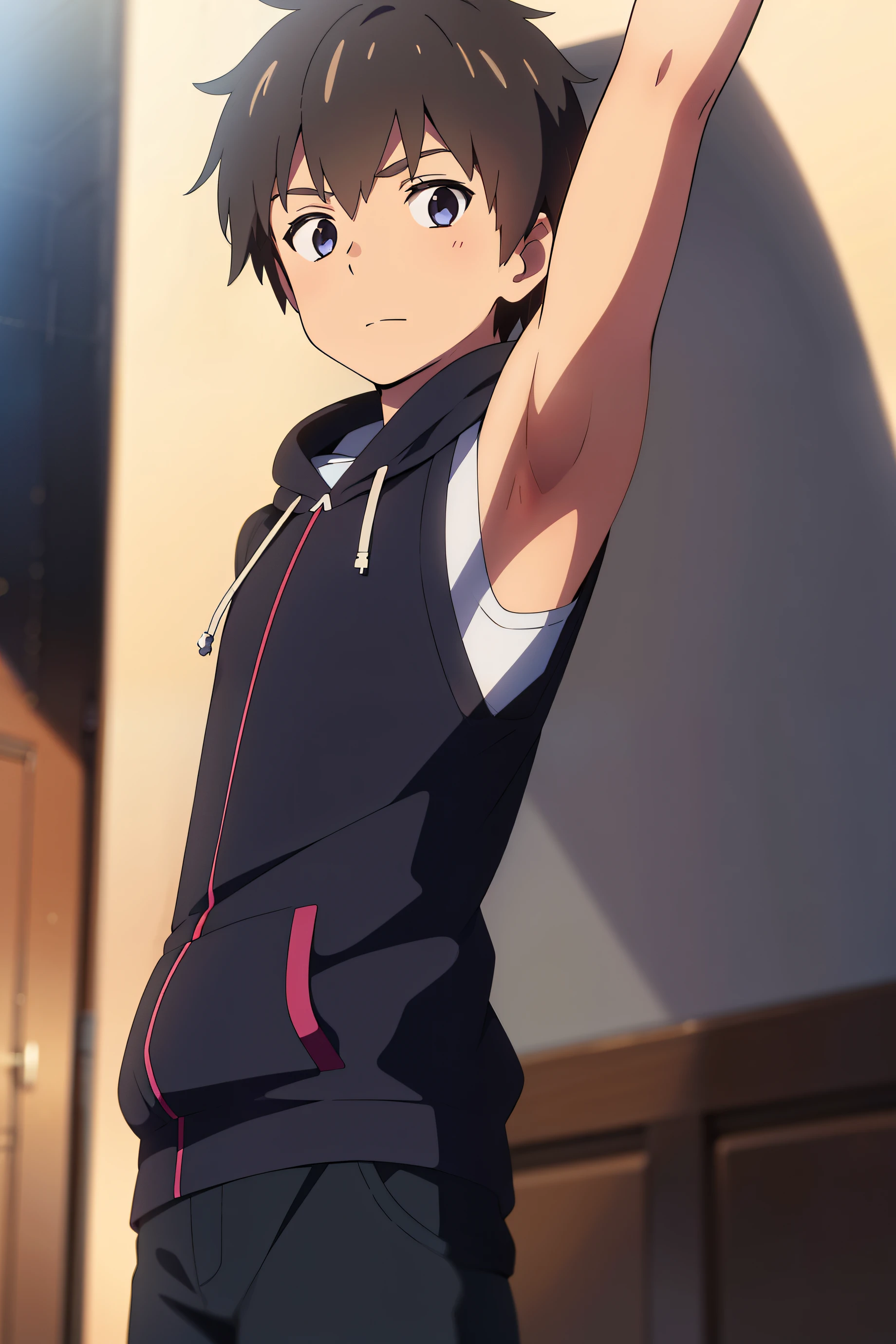 shinkai makoto, kimi no na wa, Highres, Masterpiece, Best quality at best,Best Quality,hight quality, hight detailed, Anime style, 1boy, Shota, young boy, Solo person, Black hoodie, Sleeveless hoodie, Seen from the front, look at viewer, (very young boy), (very small and short body), -yeld bo (Showing armpit:1.3), hansome boy