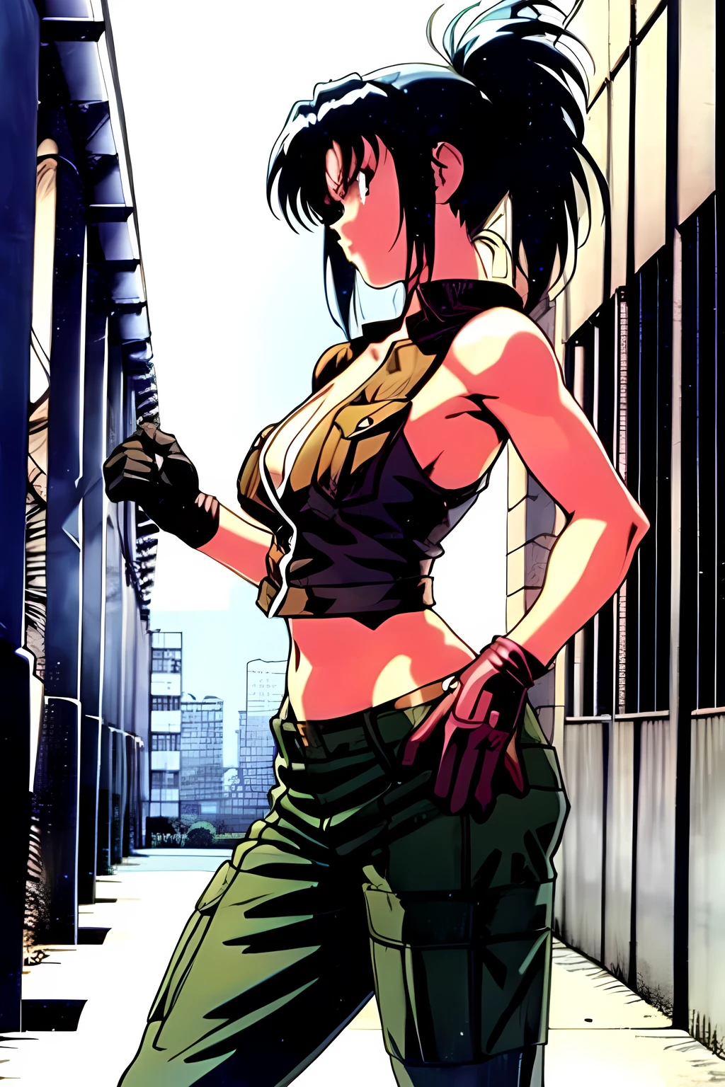 masterpiece, best quality, anime 1990s \(style\, leona heidern,  naked, fully open vest, pants ,jungle, pony tail, wet, serious, gloves, , sleeveless, metal slug, warfare 