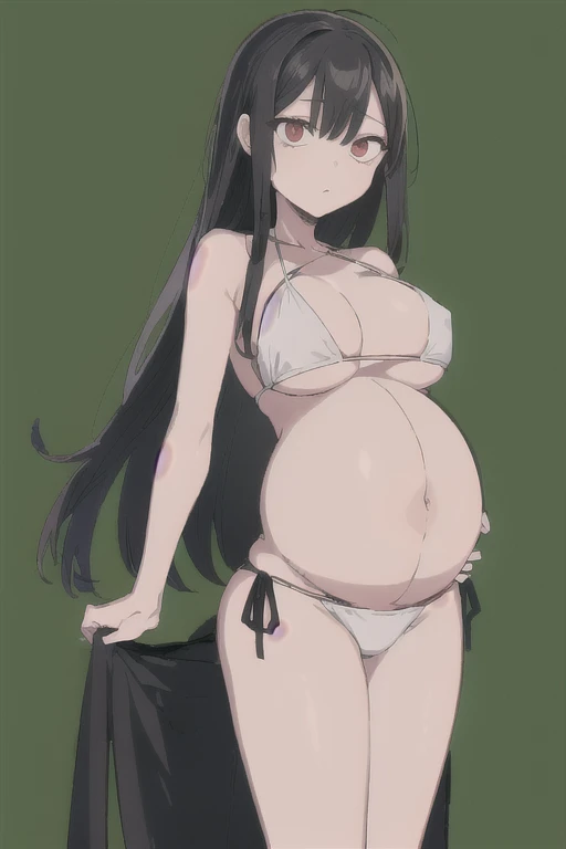 (Highly detailed CG Unity 8k wallpaper), (masterpiece), (Highest quality), (Super detailed), (Best illustrations), (Best Shadow), (Absurd), One girl, alone, Chigahara, One girl, alone, Black Hair, Long Hair, View your viewers, Are standing、Red eyes,Huge breasts:2.0,White Bikini、Pregnant women