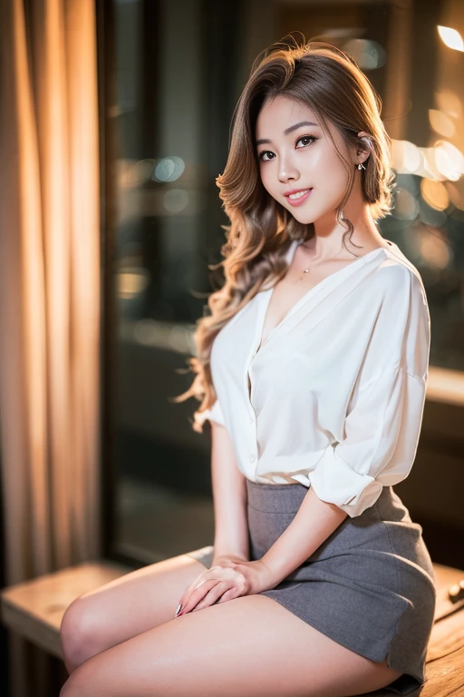 (a gorgeous chinese office lady, age 22, she is relaxing in an office, night sky, White shirt, grey mini-skirt, dimpled smile, gentle expression, cute snaggle-tooth, short hair rolled in an updo, beautiful detailed face, beautiful detailed eyes, ample round bosom, photorealistic, hyper-realism, high contrast, ultra HD, realistic skin textures, top image quality, top-quality, super high resolution, fine details, very meticulously, masterpiece, head to knees, The Cowboy Shot, romantic atmosphere, bokeh background)