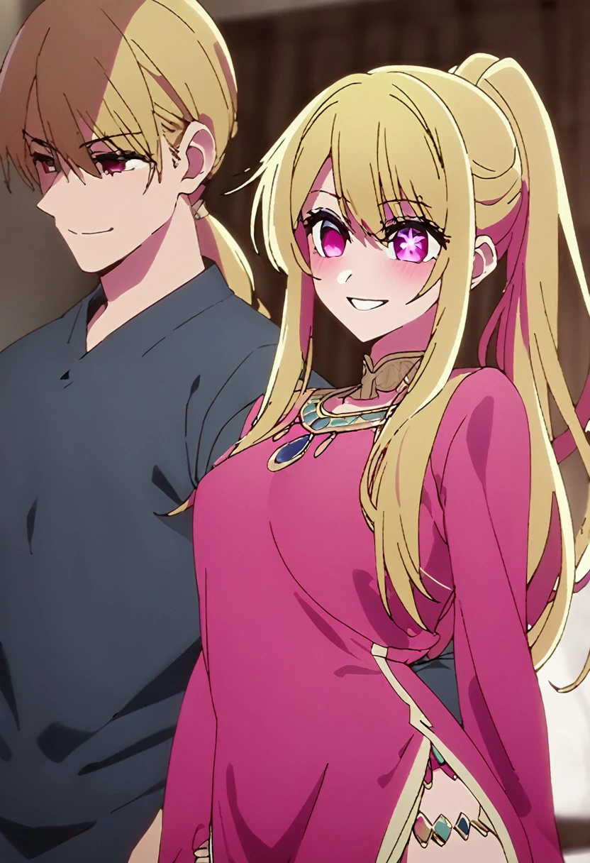 Blonde、Highest quality、high resolution、8K,Highest quality、Star-shaped pupil、The best smile、long hair、Pink Eyes、ponytail、Cowboy Shot、One person、Arabian Dress