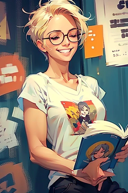 Athletic blonde woman, (short hair), tomboy, cute, ((smile)), Reading glasses, t-shirt, panties, very light makeup.