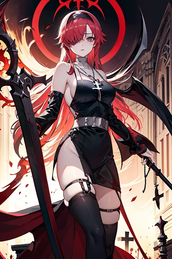 avenger,large breast,The chest area is exposed,Eye color is scarlet,garter,big Scythe,Catholic nun,Cross Necklace,hair over one eye,Knee socks,Hair color is golden,Devilish,Church Background, high Quality,best quality,Uninhabited