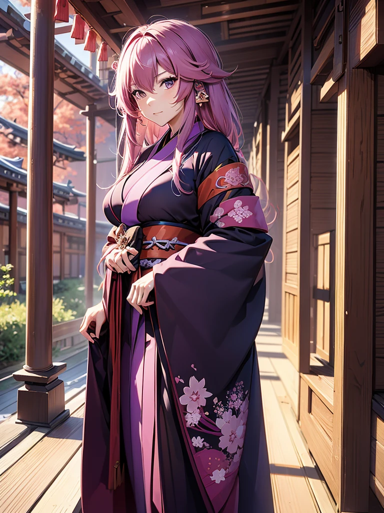 Yae miko, 1woman, wearing a long Japanese kimono, dark purple colour kimono, at a Japan shrine , pink colour hair, 8k, high detailed, high quality
