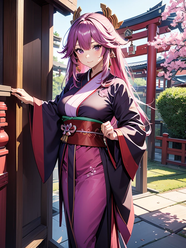 Yae miko, 1woman, wearing a long Japanese kimono, dark purple colour kimono, at a Japan shrine , pink colour hair, 8k, high detailed, high quality
