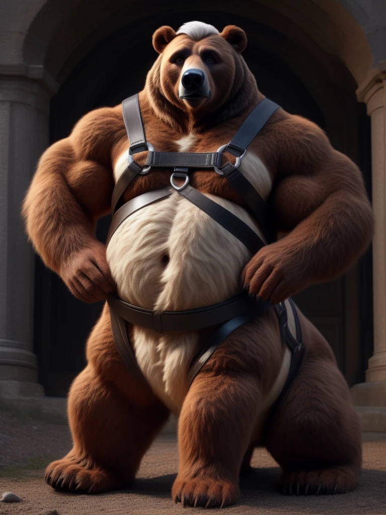 furry, fur taur, brown beartaur, middle-age, detailed face, bear ears, bear eyes(brown), bear nose(black), bear mouth, garibaldi beard(white), mature hair(white), detailed arms(strongest), hands(5 fingers), detailed body belly, muscle belly(white), chest harness, detailed taur body, bear paws, bear tail