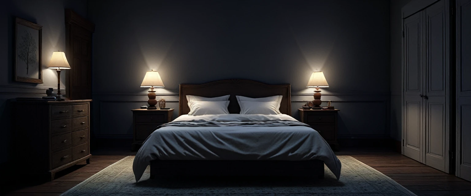 Render a very simple bedroom resembling a modest rental room, featuring a colonial-style bed at night. The room should have basic colonial architectural elements, but kept minimal. The bed should have a plain wooden frame with simple linens and pillows. Include a basic bedside table with a dim, old-fashioned lamp, casting eerie shadows. The window should have traditional wooden shutters, slightly ajar to let in a sliver of moonlight. The overall color palette should be dark and muted, with minimal lighting to create a spooky atmosphere. The scene should be zoomed in on the bed area, showing the creaky wooden floor and the faint mist in the air, enhancing the feeling of a haunting nighttime ambiance. (no people, realistic, 8K)
