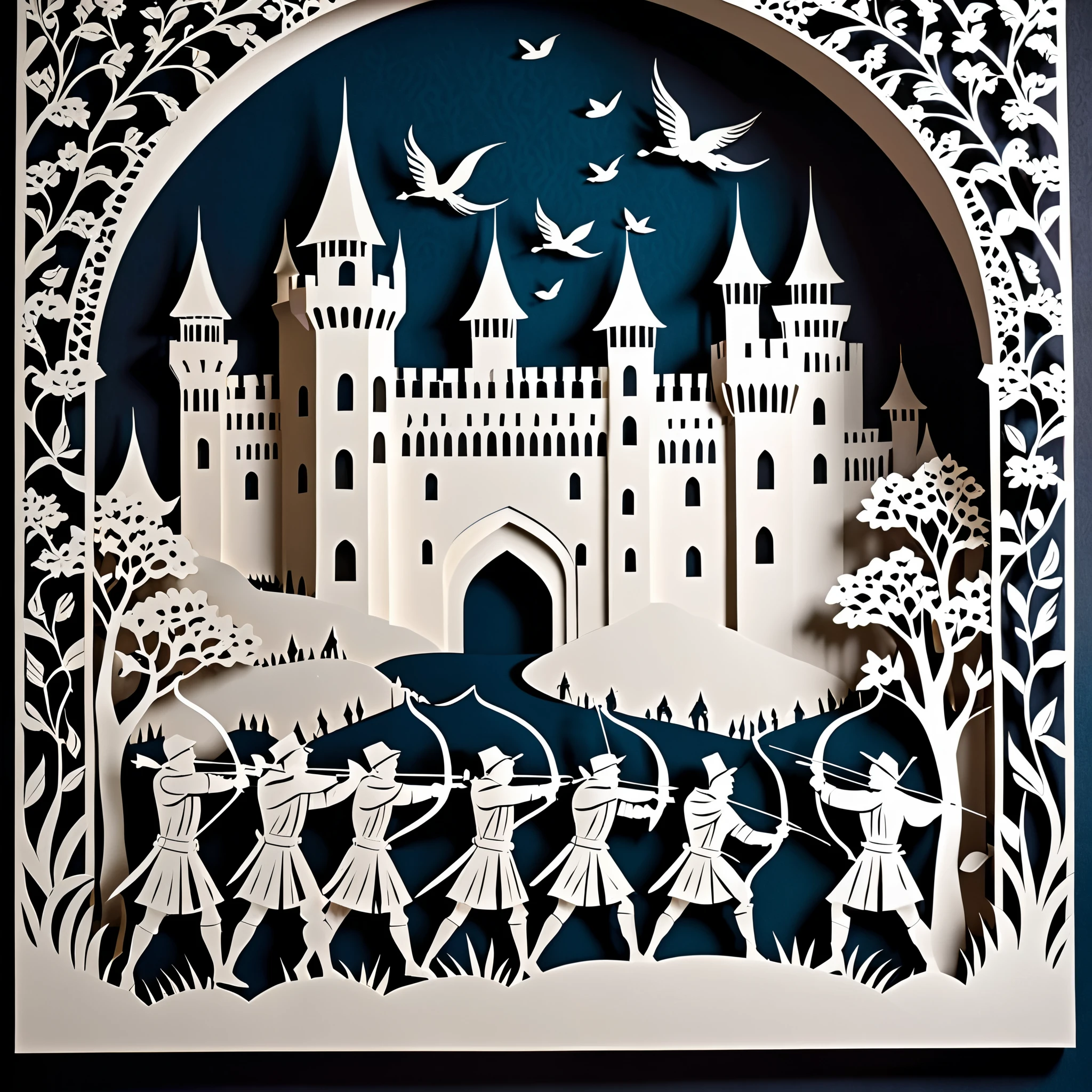 fusion of paper cutting and shadow puppetry, mix of monochrome and color, best quality, super fine, 16k, 2.5D, delicate and dynamic depiction, archers lined up on the castle walls, shooting arrows, arrows raining down on the enemy