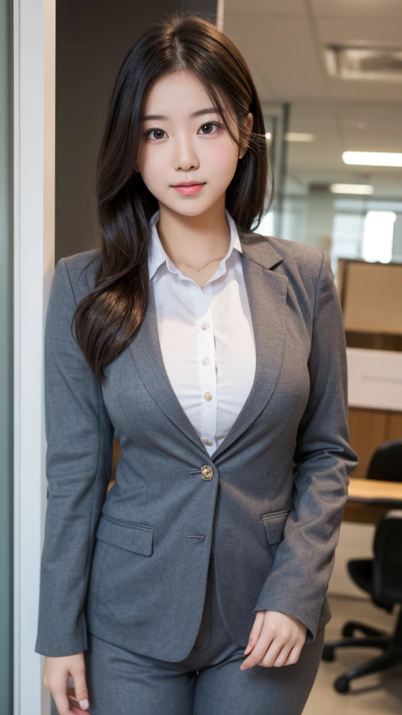  girl 18-year-old Hairstyle Casual,  wearing secretary suit at office